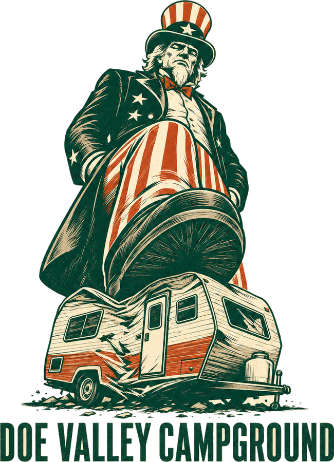 Doe Valley Campground logo: Uncle Sam's boot crushing a small camper trailer, above the words Doe Valley Campground.