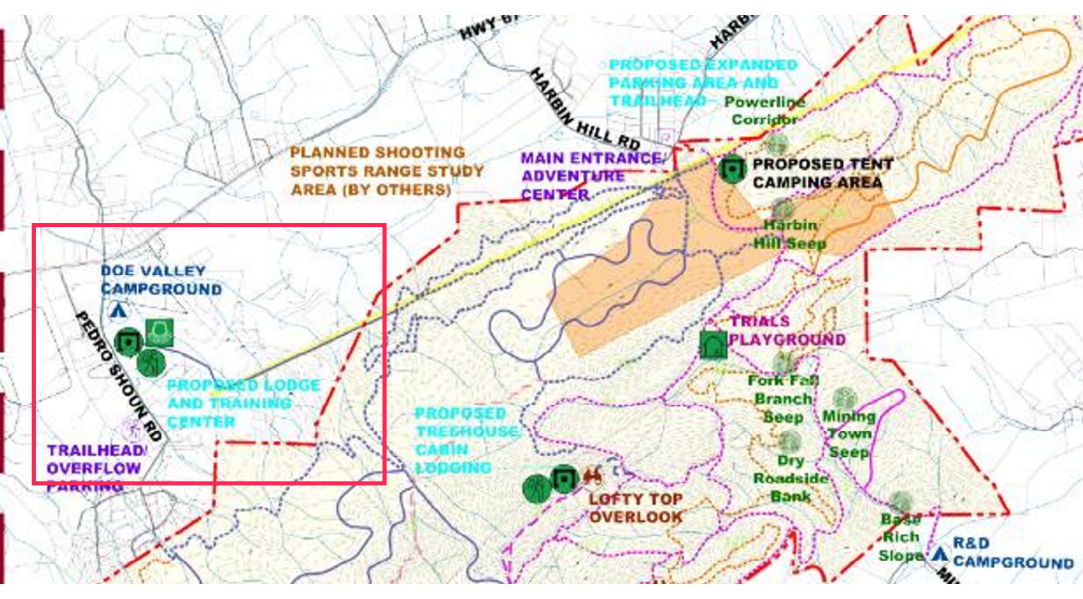 An excerpt from DMRA's 2024 adopted master plan showing a map of the Doe Mountain Recreation Area. A red box highlights the Pedro Shoun parcel next to Doe Valley Campground, labeled 'Proposed Lodge and Training Center.'