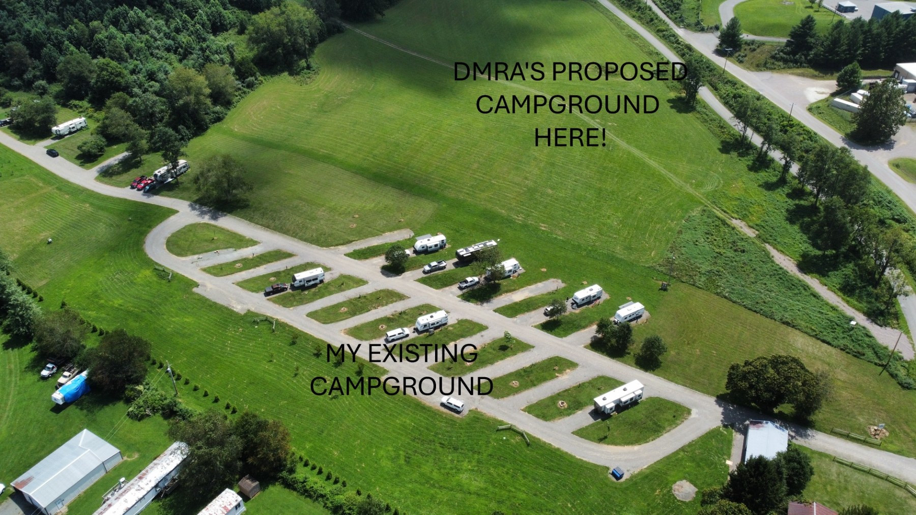An aerial photograph looking down on Doe Valley Campground's gravel loop and RV sites, with the open field of the adjoining 80 acres directly beside it. Text on the photograph reads: DMRA's proposed campground here.